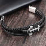 EPibuss Punk Stainless Steel Anchor Bracelets Genuine Leather Bracelet for Men Jewelry