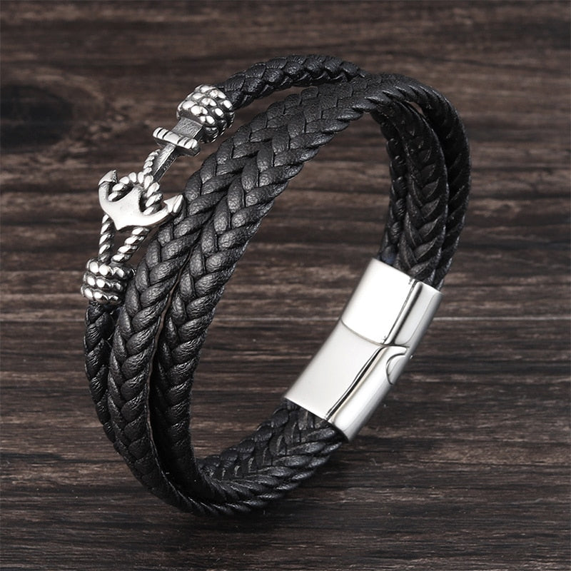 EPibuss Punk Stainless Steel Anchor Bracelets Genuine Leather Bracelet for Men Jewelry