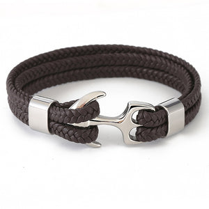 EPibuss Punk Stainless Steel Anchor Bracelets Genuine Leather Bracelet for Men Jewelry