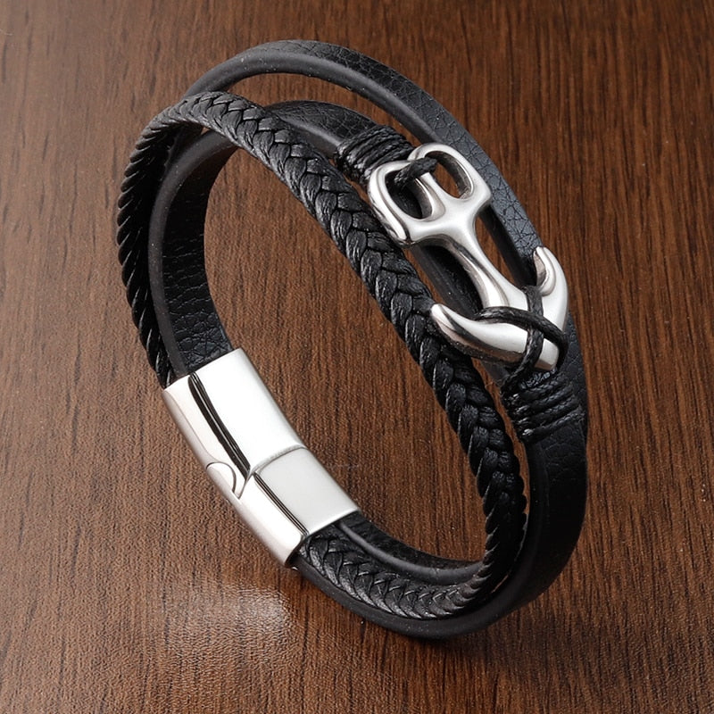 EPibuss Punk Stainless Steel Anchor Bracelets Genuine Leather Bracelet for Men Jewelry