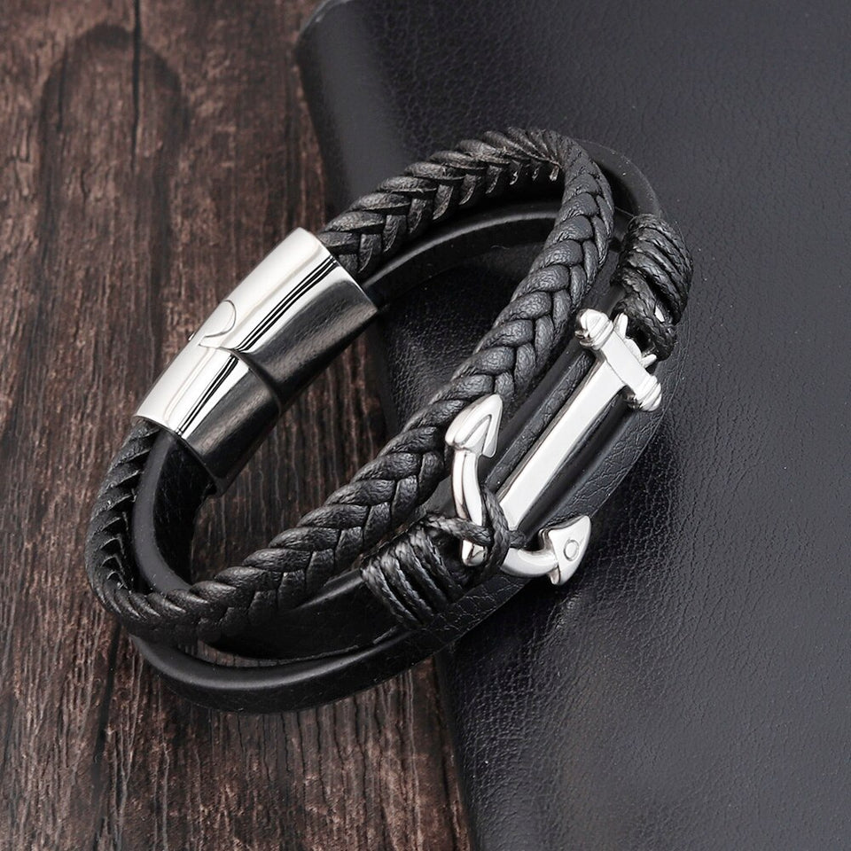 EPibuss Punk Stainless Steel Anchor Bracelets Genuine Leather Bracelet for Men Jewelry