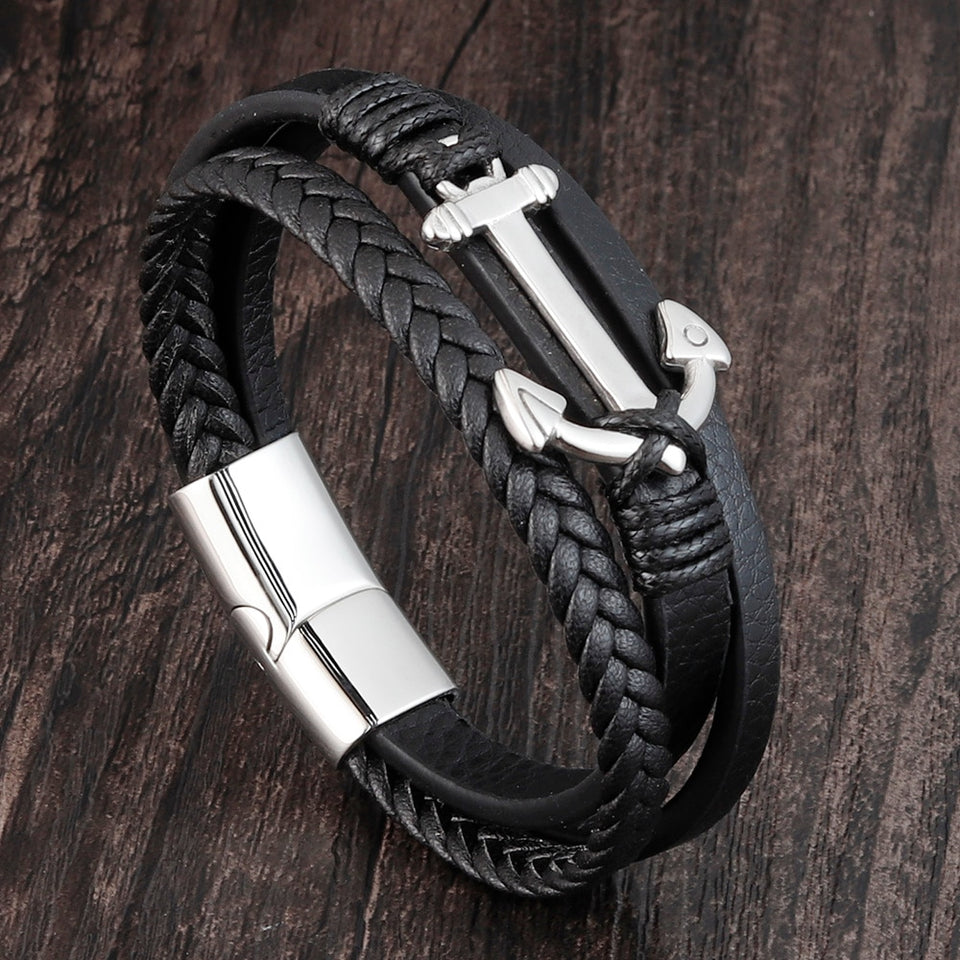 EPibuss Punk Stainless Steel Anchor Bracelets Genuine Leather Bracelet for Men Jewelry