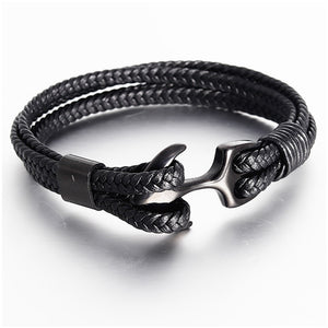 EPibuss Punk Stainless Steel Anchor Bracelets Genuine Leather Bracelet for Men Jewelry