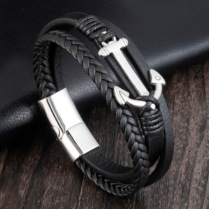 EPibuss Punk Stainless Steel Anchor Bracelets Genuine Leather Bracelet for Men Jewelry