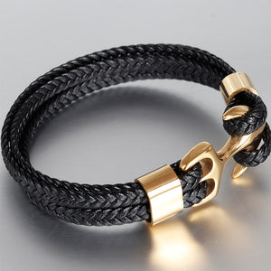 EPibuss Punk Stainless Steel Anchor Bracelets Genuine Leather Bracelet for Men Jewelry