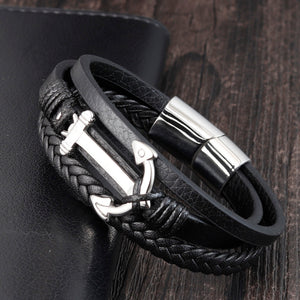 EPibuss Punk Stainless Steel Anchor Bracelets Genuine Leather Bracelet for Men Jewelry