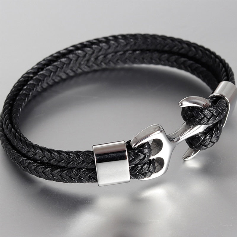 EPibuss Punk Stainless Steel Anchor Bracelets Genuine Leather Bracelet for Men Jewelry