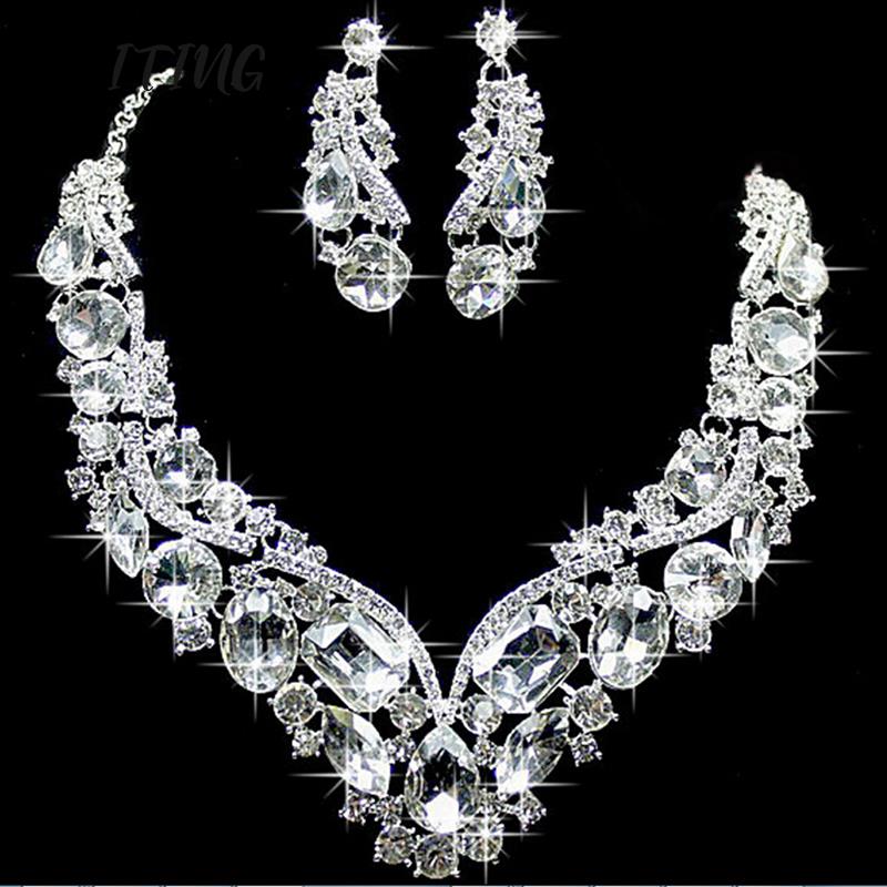 EPibuss Women Rhinestone Luxury Wedding Prom Necklace Earrings Bracelet Jewelry Sets