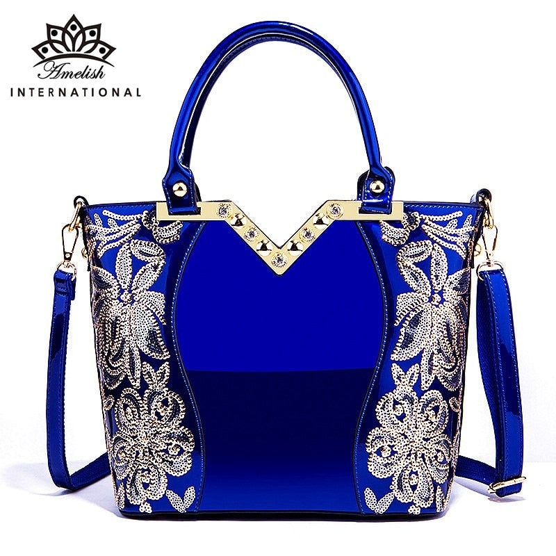 EPibuss AMELISH High Quality Patent Leather Flower Embroidery Diamond Luxury Bag for Women